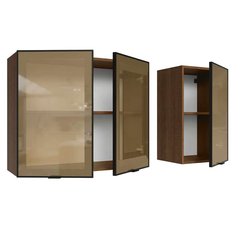 Kit 2 Alacenas 120 cm 3 Puertas con Vidrio Reflecta Bronce Marrón/Negro Vinilo Madesa