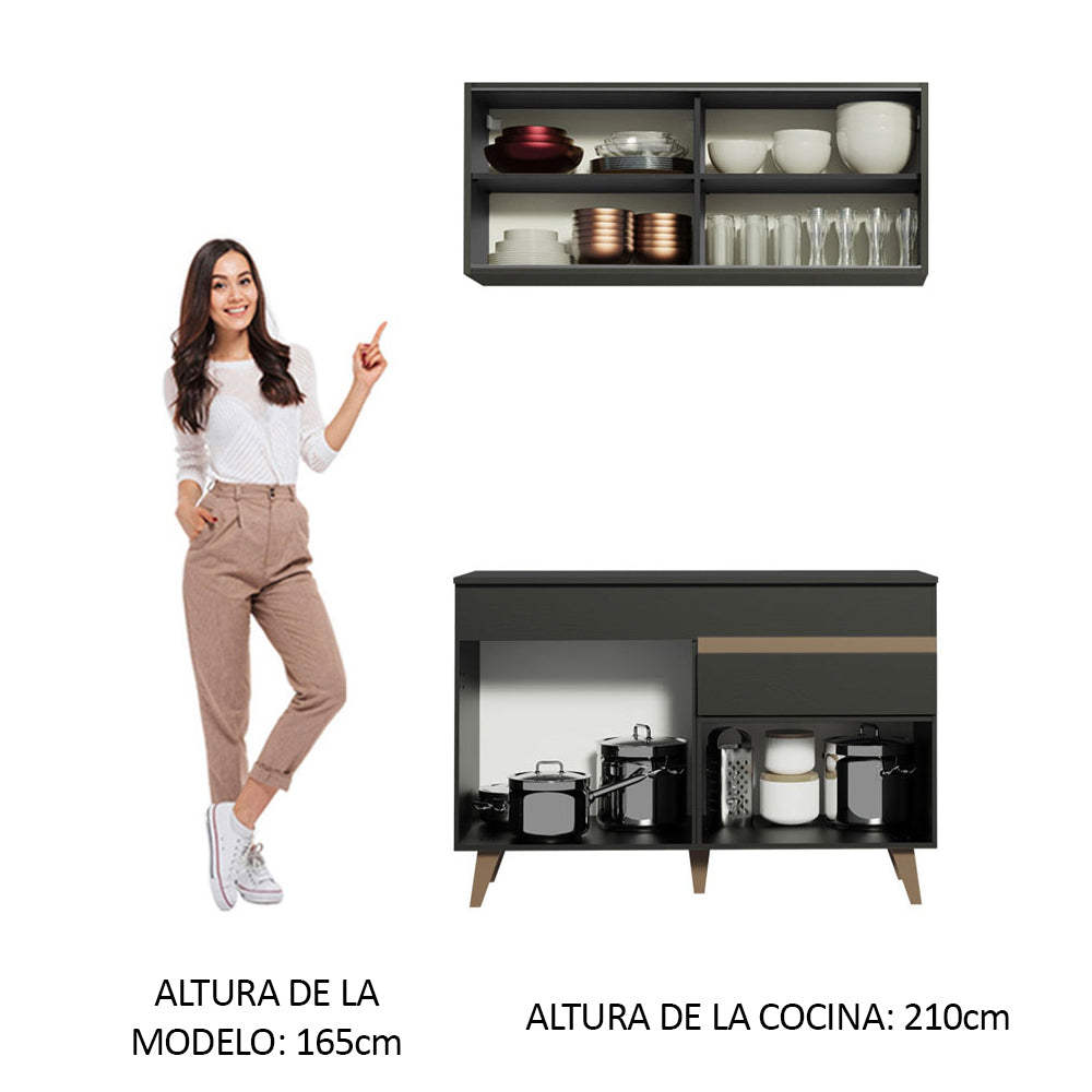Mueble de Cocina Reims Madesa con Alacena y Bajo Mesada 120 cm 2 Puertas 1 Cajón Negro