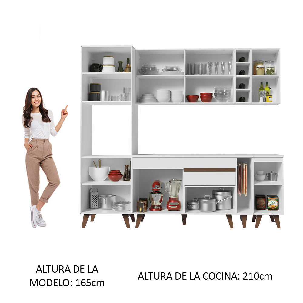 Combo Completo de Cocina 235 cm 8 Puertas 1 Cajón con Mueble para Horno o Microondas Blanco Reims Madesa
