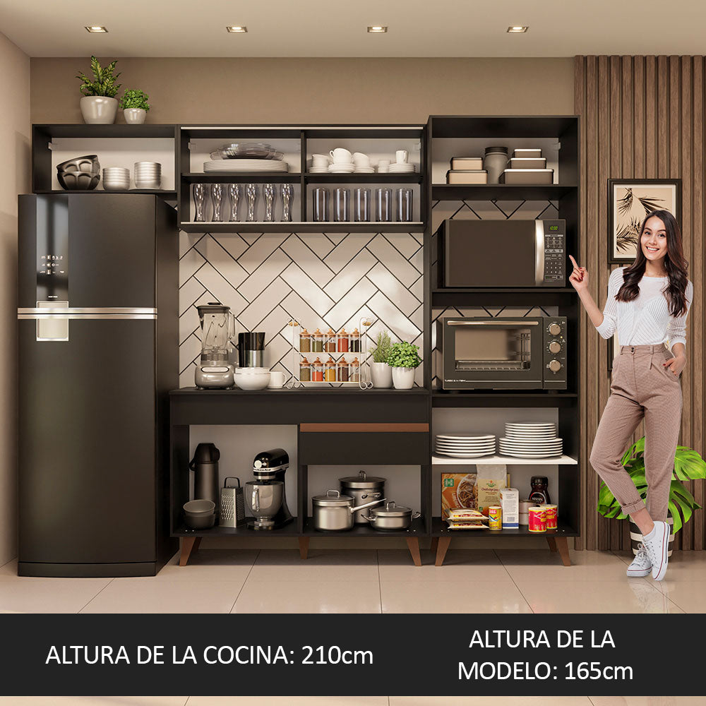 Combo Completo de Cocina 260 cm 8 Puertas 1 Cajón con Mueble para Horno y Microondas Negro Reims Madesa 01