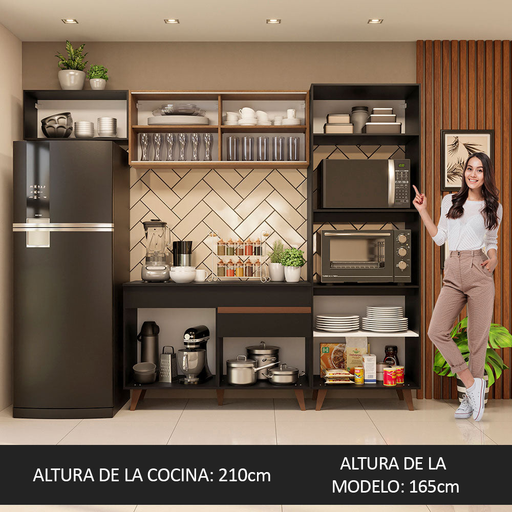 Combo Completo de Cocina 260 cm 8 Puertas 1 Cajón con Mueble para Horno y Microondas Negro/Marrón Reims Madesa