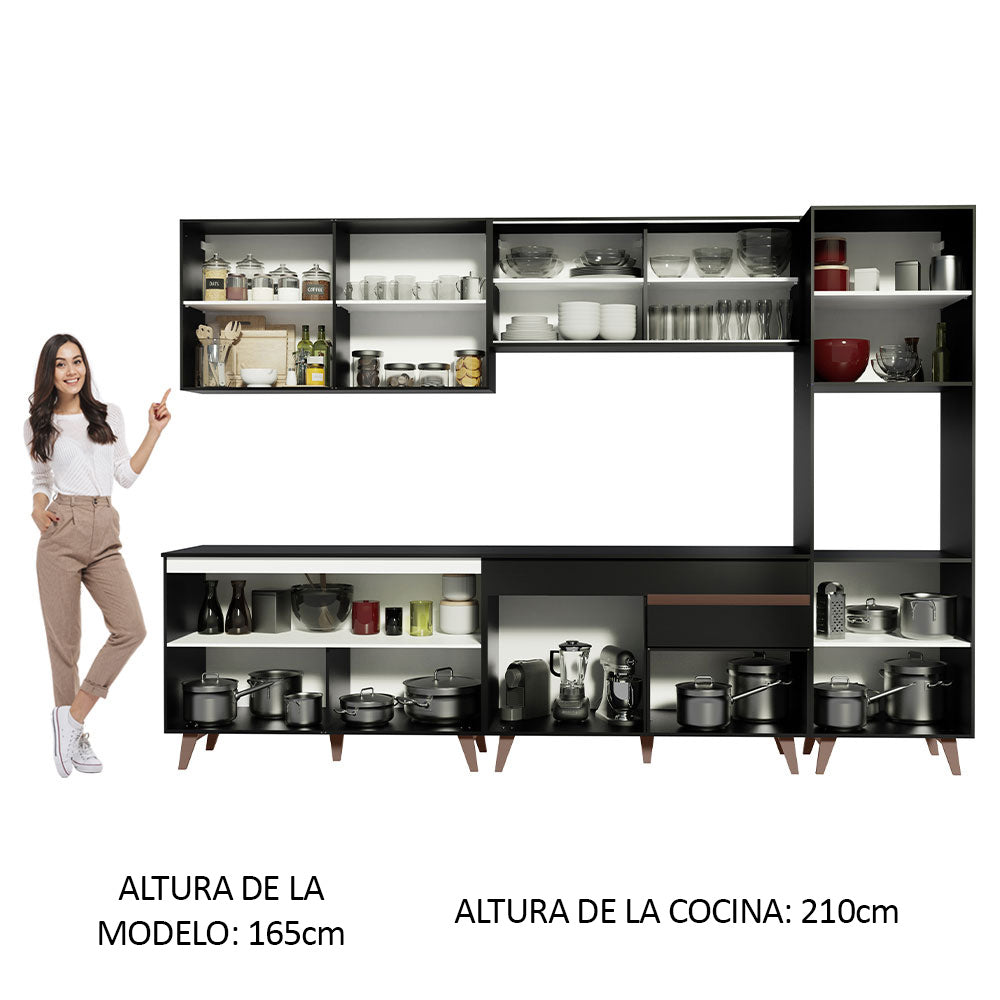 Combo Completo de Cocina 300 cm 10 Puertas 1 Cajón con Mueble para Horno o Microondas Negro Reims Madesa 01