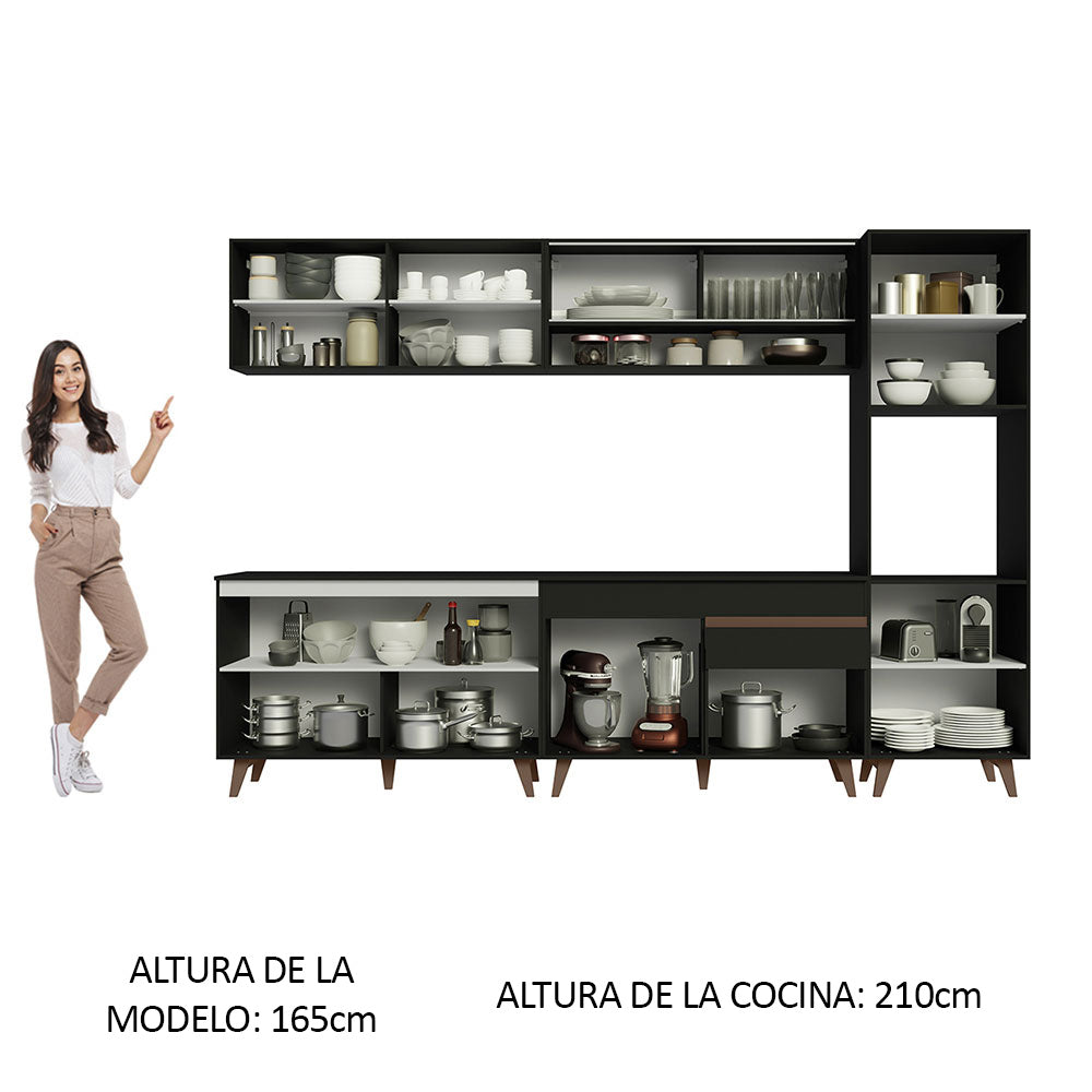 Combo Completo de Cocina 300 cm 10 Puertas 1 Cajón con Mueble para Horno o Microondas Negro Reims Madesa 02