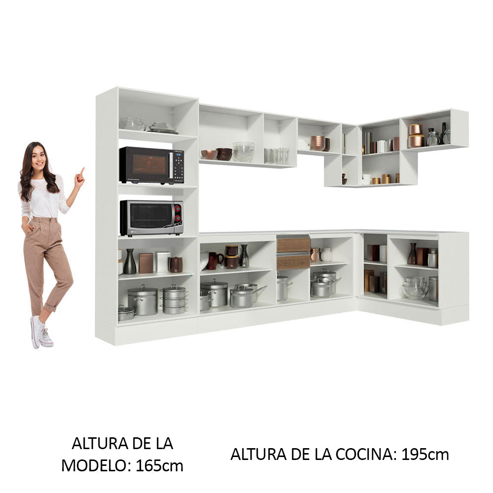 Combo Completo de Cocina Esquinera 100% MDF 448 cm Blanco/Marrón/Crema Smart Madesa 01