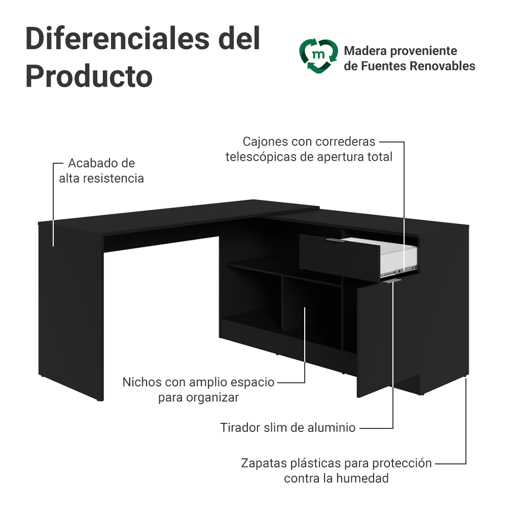 Tocador Esquinero para Maquillaje o Escritorio 300 cm Negro Madesa