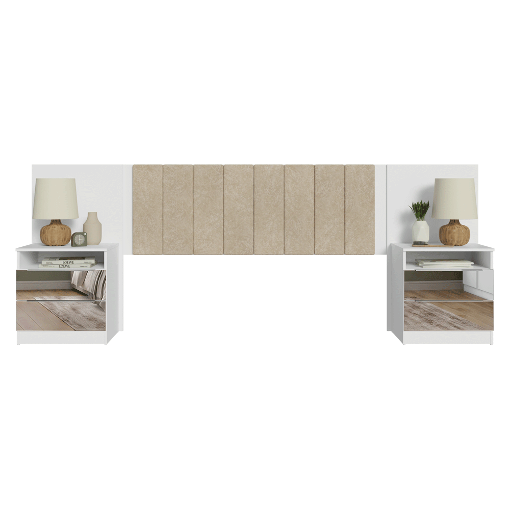 Respaldo de Cama Extensible Tapizado con 2 Mesas de Luz Espejadas Blanco/Imperial Madesa