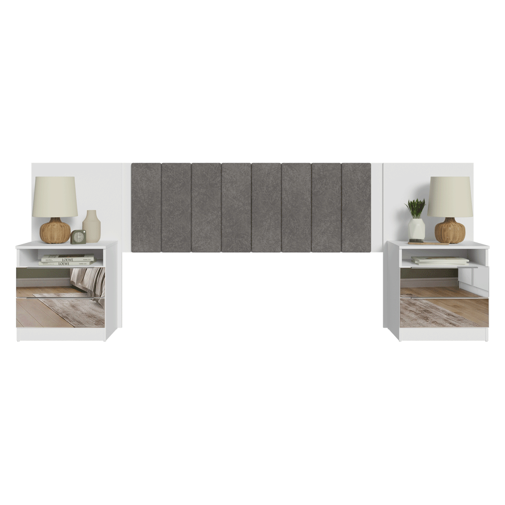 Respaldo de Cama Extensible Tapizado con 2 Mesas de Luz Espejadas Blanco/Silver Madesa