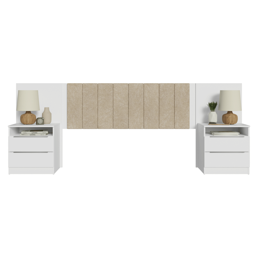 Respaldo de Cama Extensible Tapizado con 2 Mesas de Luz Blanco/Imperial Madesa