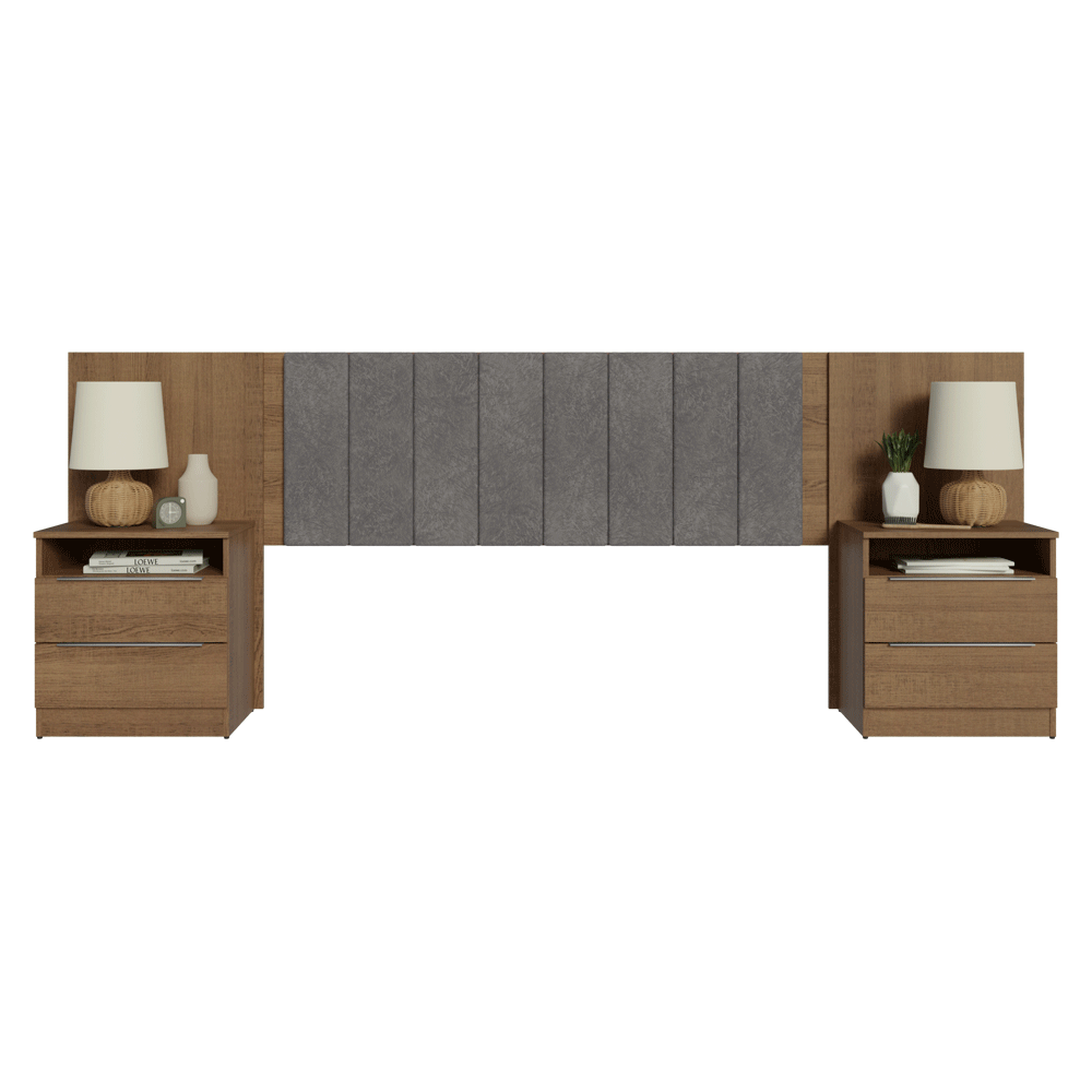 Respaldo de Cama Extensible Tapizado con 2 Mesas de Luz Marrón/Silver Madesa