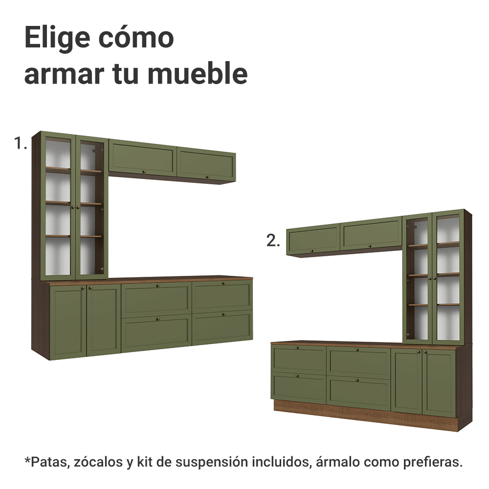 Centros de Entretenimiento con Rack + Cristaleiro 230 cm Marrón/Verde Vik Madesa 01