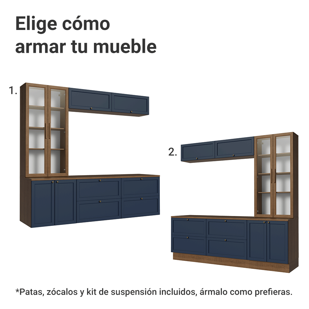 Centros de Entretenimiento con Rack + Cristaleiro 230 cm Marrón/Azul/Marrón Vik Madesa 02