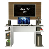 Escritorio Gamer Moderno Madesa + Panel para TV Hasta 50 Pulgadas Blanco/Marrón