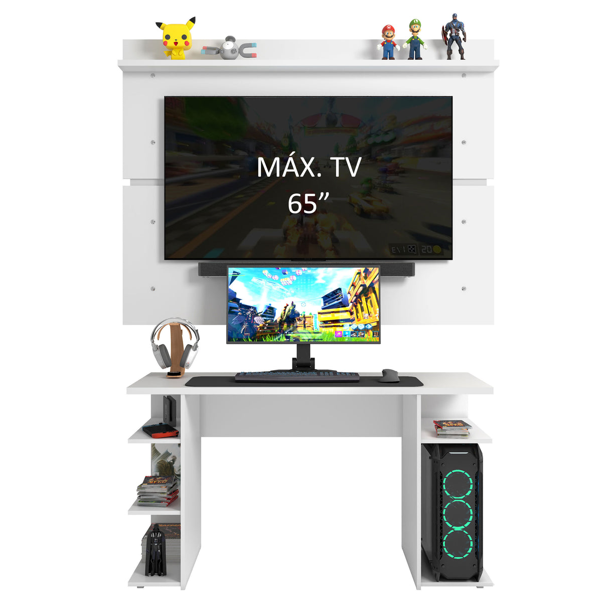 Escritorio Gamer Madesa 9409 con Panel para TV hasta 65 Pulgadas Blanco