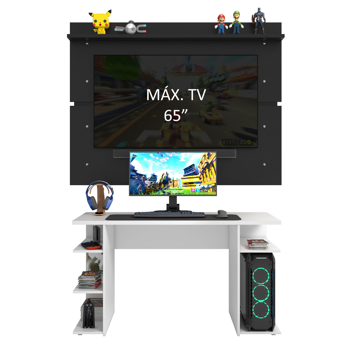 Escritorio Gamer Madesa 9409 con Panel para TV hasta 65 Pulgadas Blanco/Negro