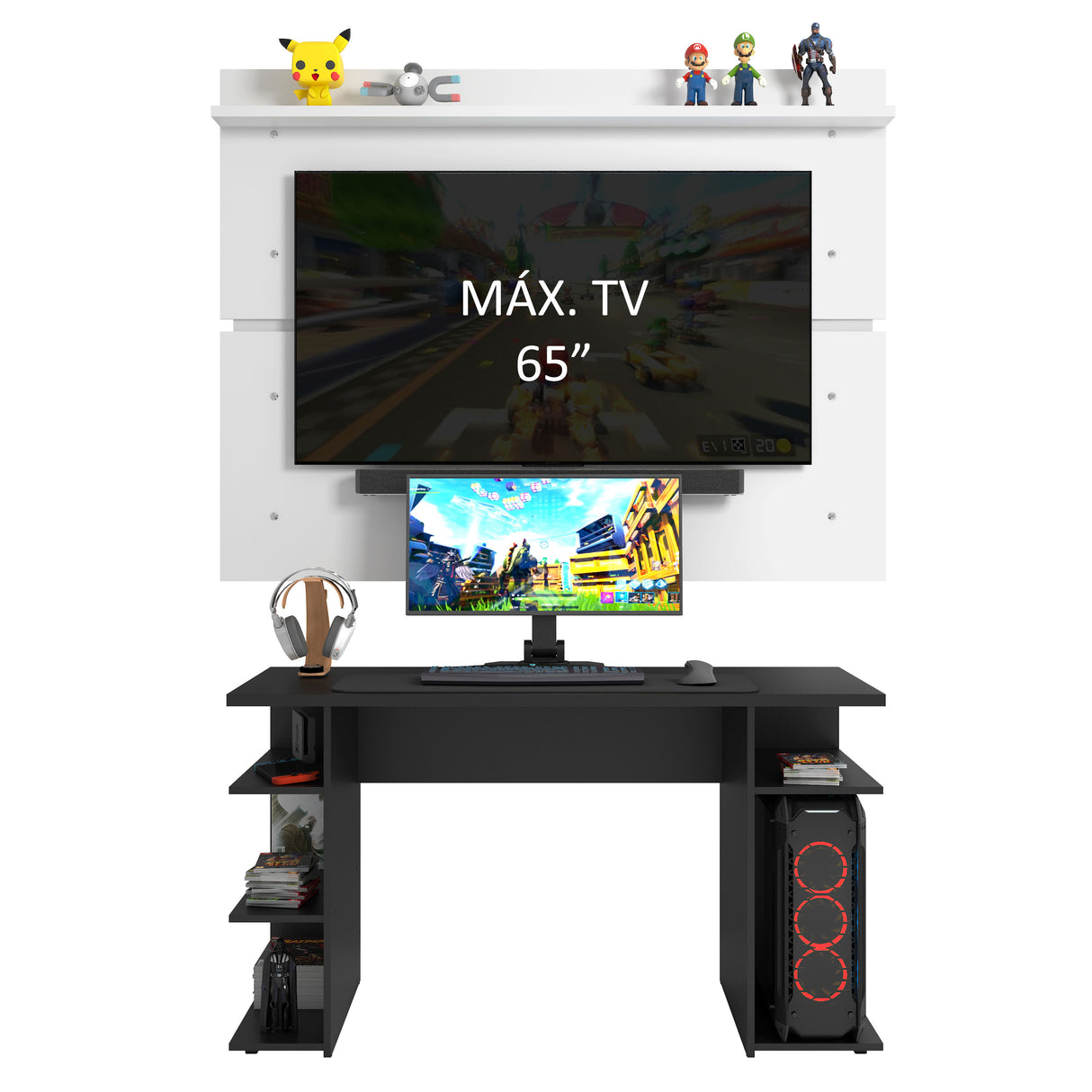 Escritorio Gamer Madesa 9409 con Panel para TV hasta 65 Pulgadas Negro/Blanco