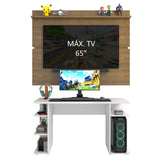 Escritorio Gamer Moderno Madesa + Panel para TV Hasta 65 Pulgadas Blanco/Marrón