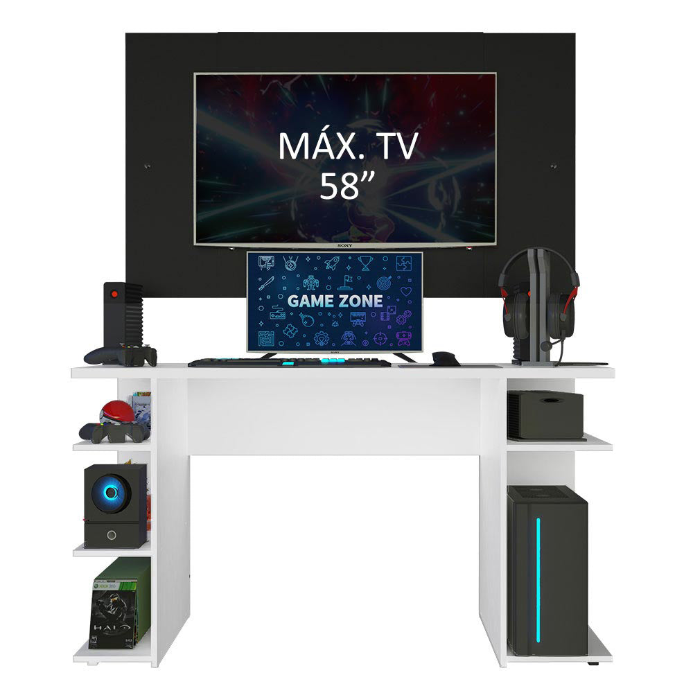 Escritorio Gamer Madesa 9409 con Panel para TV hasta 58 Pulgadas Blanco/Negro