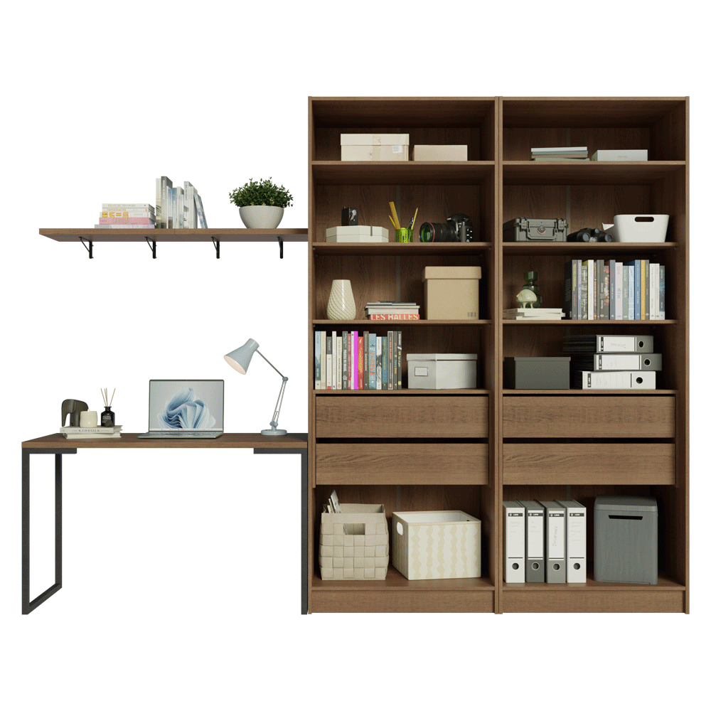 Conjunto Home Office 2 Armarios Neo con Espejos 1 Escritorio 2 Repisas Marrón/Crema Madesa
