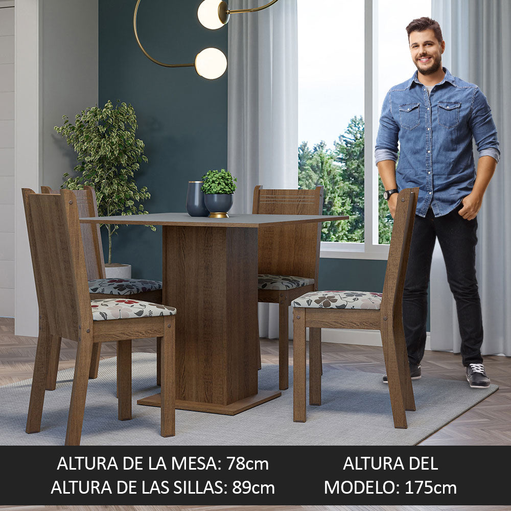 Juego de Comedor Mesa Tapa de Madera 4 Sillas Marrón/Gris/Floral Hibiscos Samara Madesa