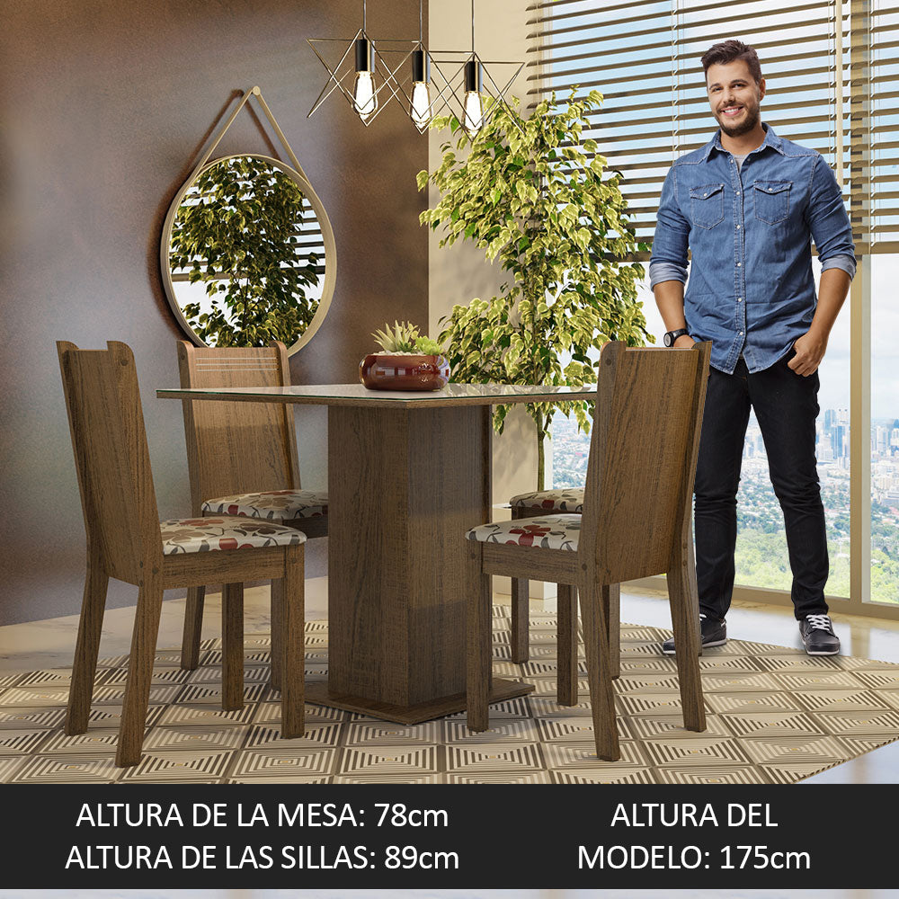 Juego de Comedor Mesa Tapa de Vidrio 4 Sillas Marrón/Crema/Hibiscos Perla Madesa