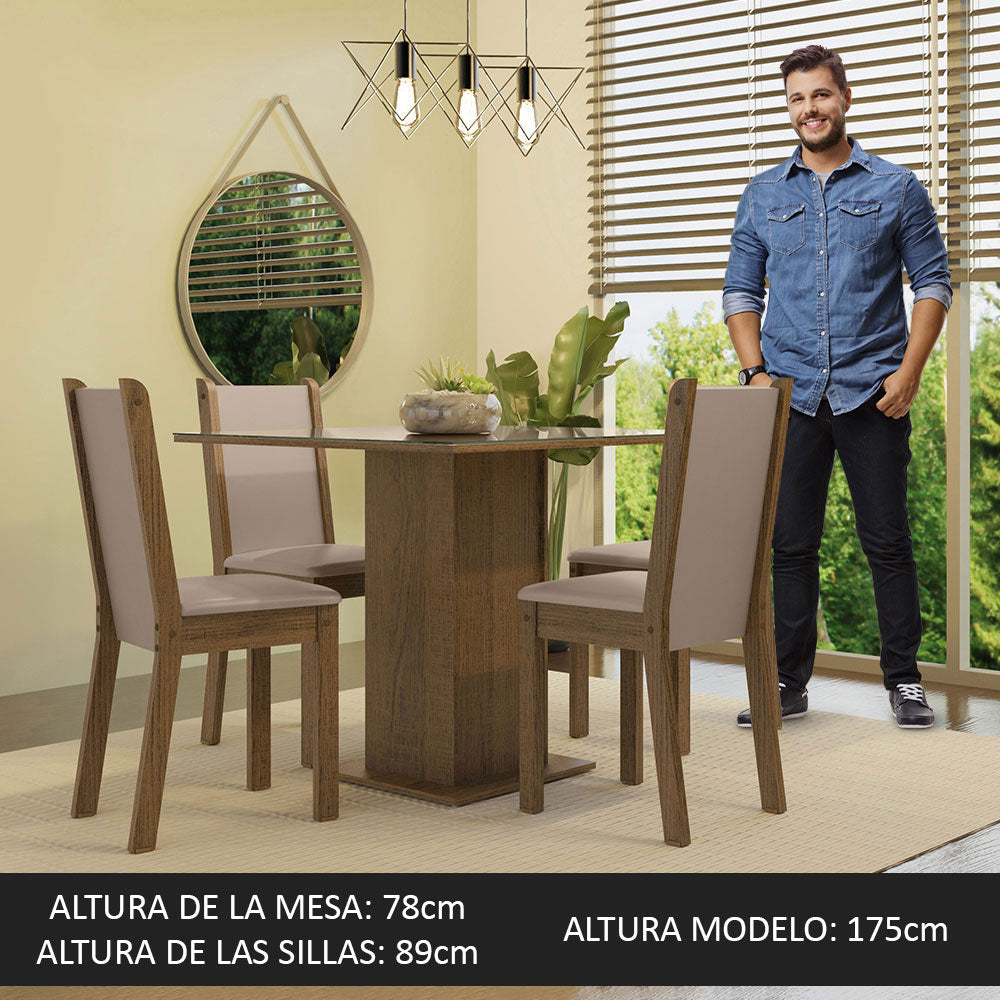 Juego de Comedor Mesa con Tapa de Vidrio 4 Sillas Marrón/Crema/Beige Tifani Madesa