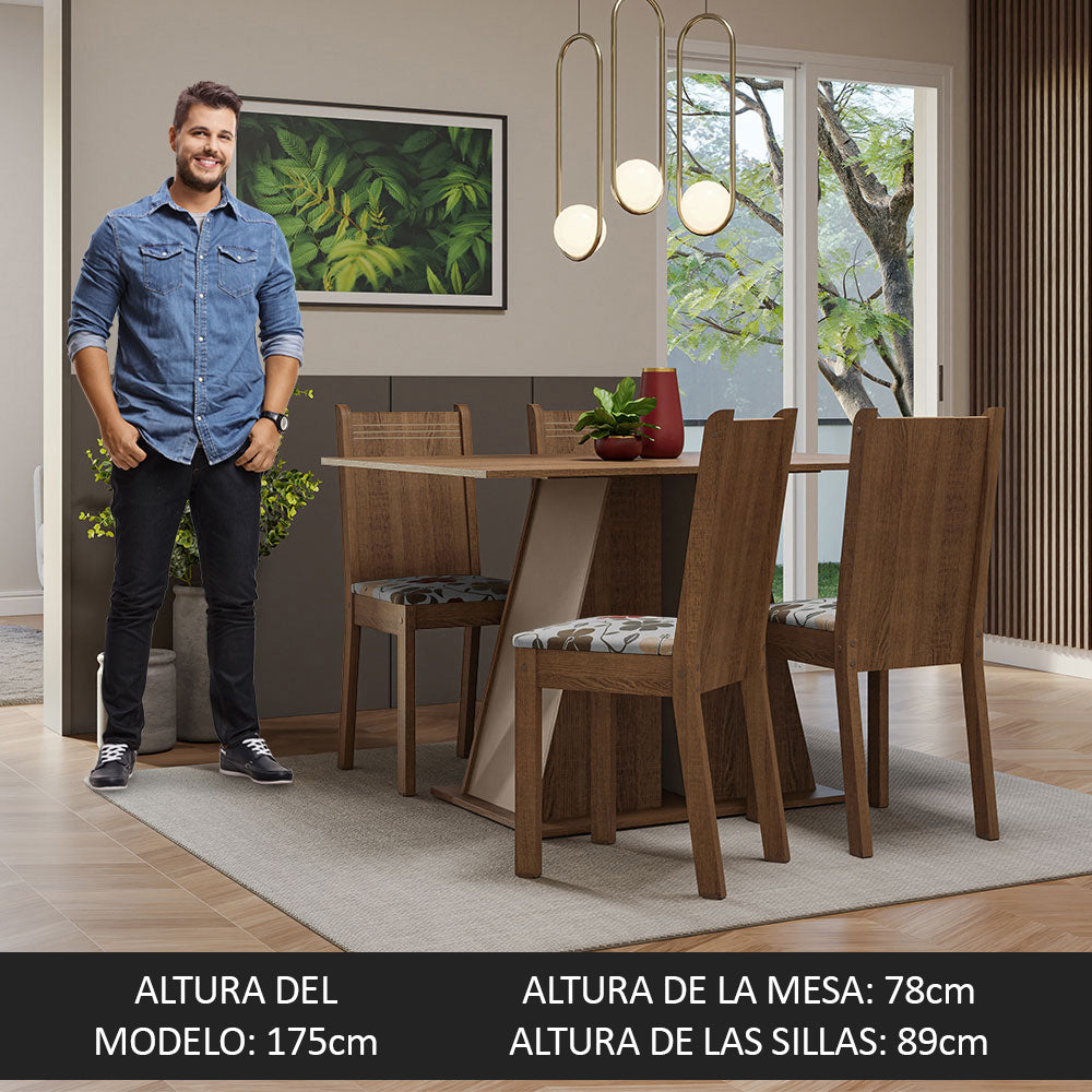 Juego de Comedor Mesa Tapa de Madera 4 Sillas Marrón/Crema/Hibiscos Marilyn Madesa