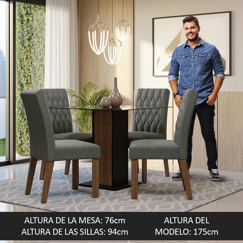 Juego de Comedor Mesa Tapa de Vidrio 4 Sillas Marrón/Negro/Silver Noemi Madesa