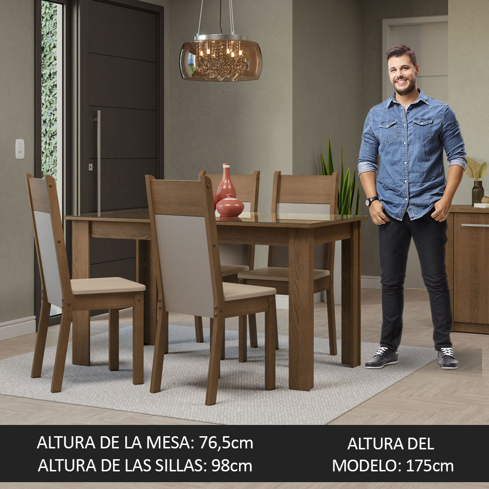 Juego de Comedor Eloá Mesa Rectangular Tapa de Vidrio con 4 Sillas Marrón/Crema/Beige Madesa