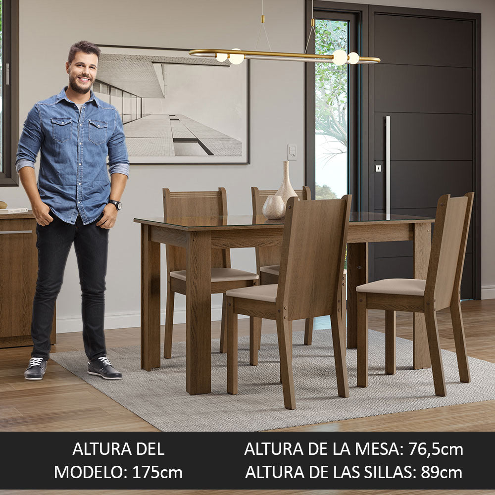 Juego de Comedor Mesa Tapa de Vidrio 4 Sillas Marrón/Sintético Beige Kiara Madesa