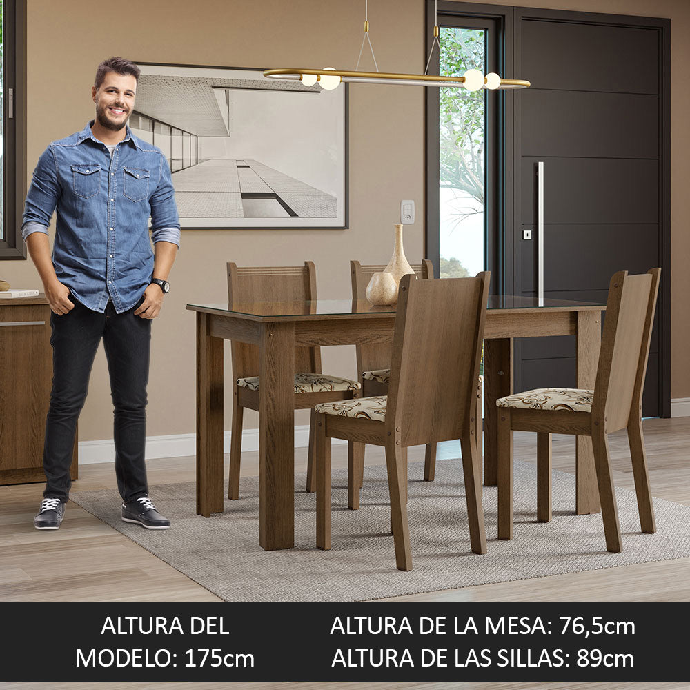 Juego de Comedor Mesa Tapa de Vidrio 4 Sillas Marrón/Lírio Beige Kiara Madesa