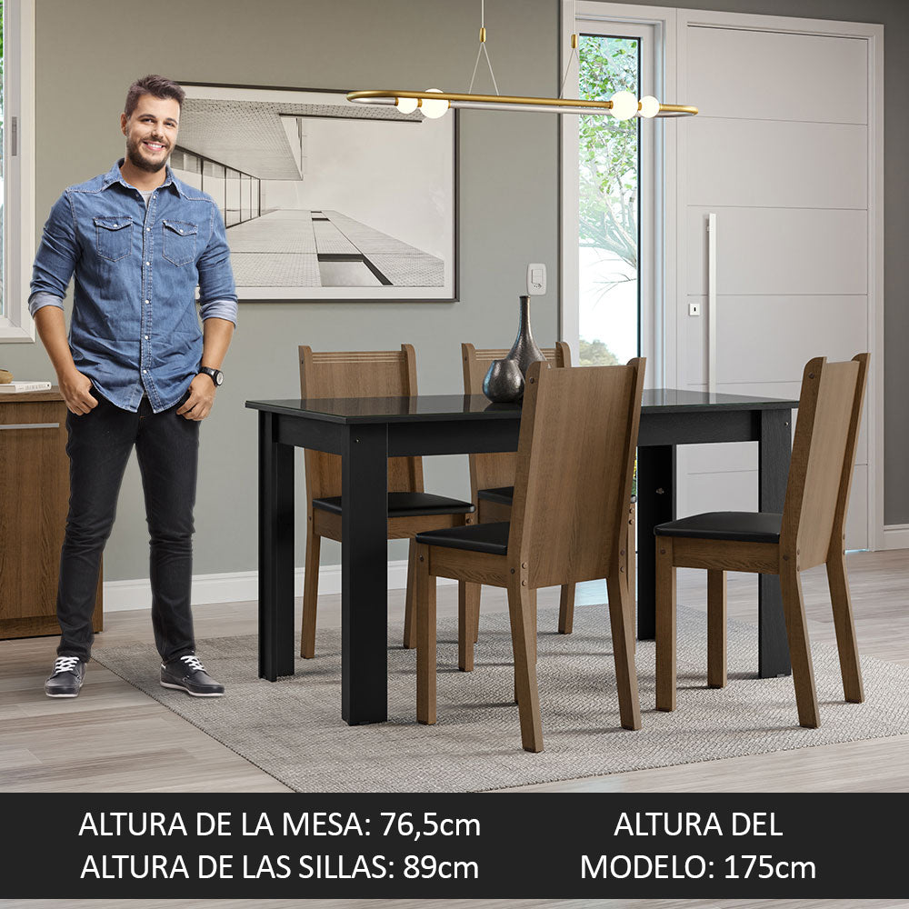 Juego de Comedor Mesa Tapa de Vidrio 4 Sillas Negro/Marrón Kiara Madesa