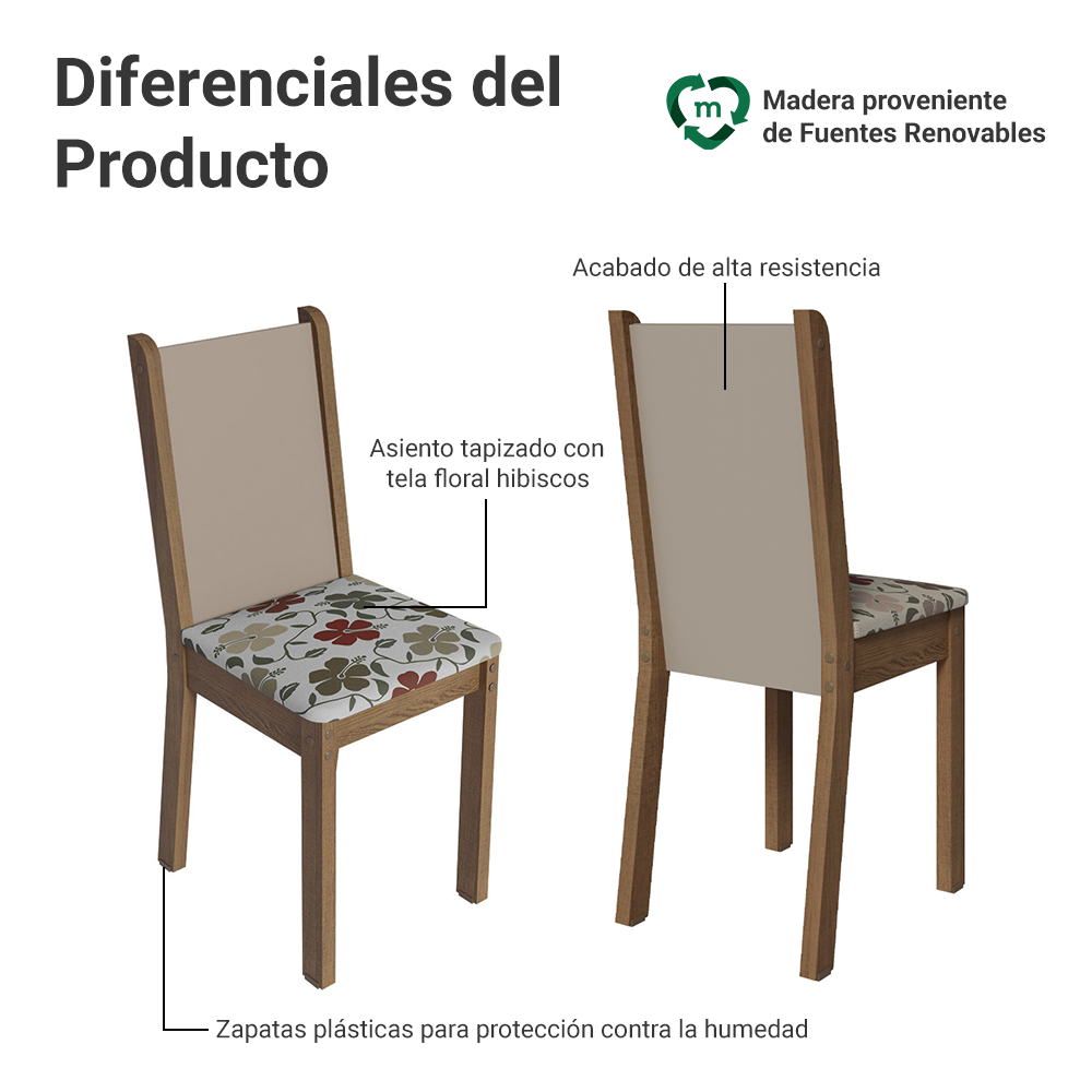 Juego de Comedor Mesa Tapa de Madera 8 Sillas Marrón/Crema/Hibiscos Marisa Madesa