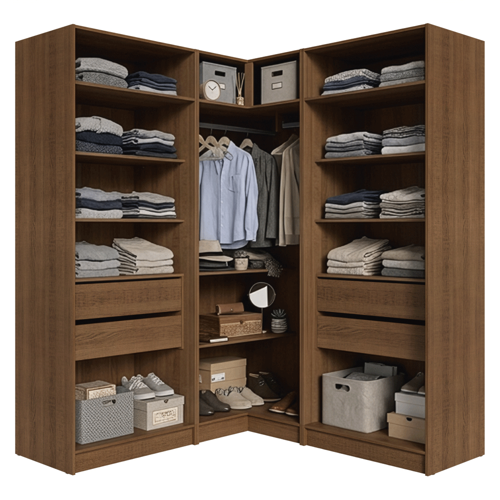 Placard Modular Esquinero 350 cm 6 Puertas con Espejos 4 Cajones Marrón/Crema Neo Madesa 02