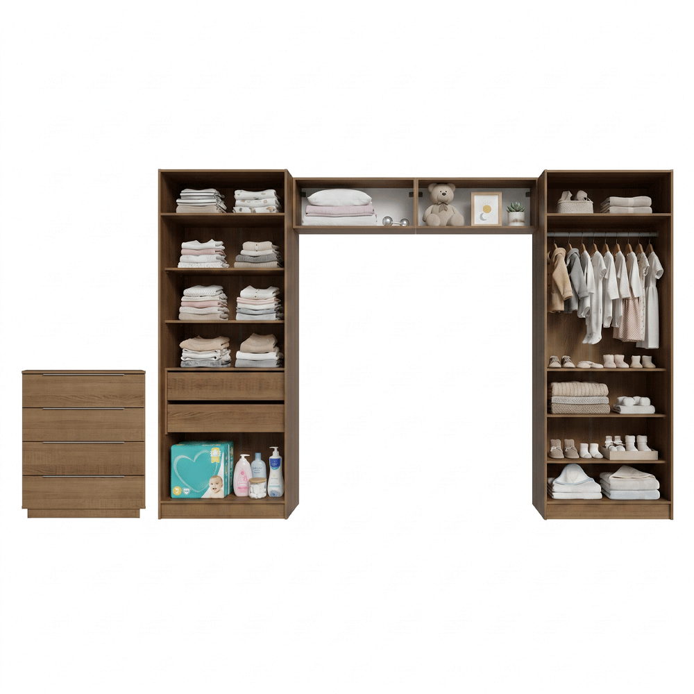 Dormitorio Infantil con 2 Placares Neo 2 Alacenas 1 Cómoda Marrón/Crema Madesa 03