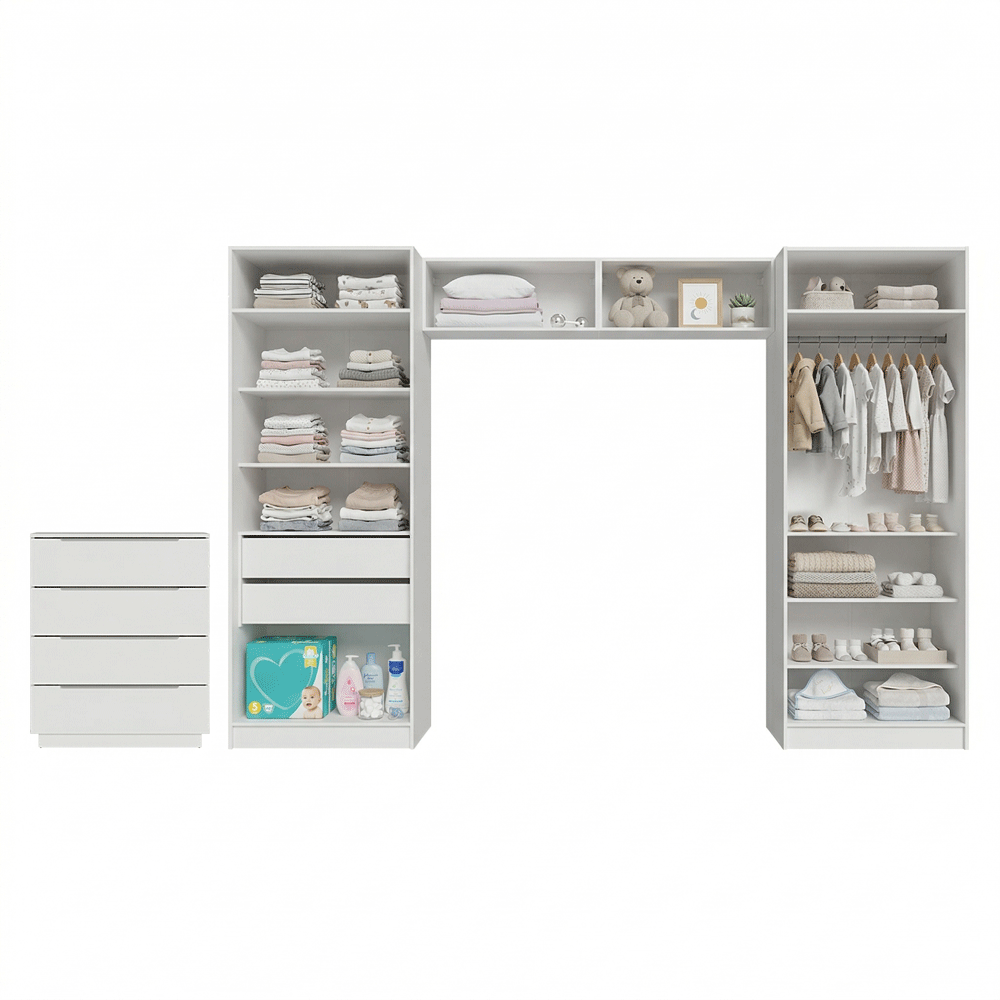 Dormitorio Infantil con 2 Placards Neo con Espejos 2 Alacenas 1 Cómoda Blanco Madesa 04