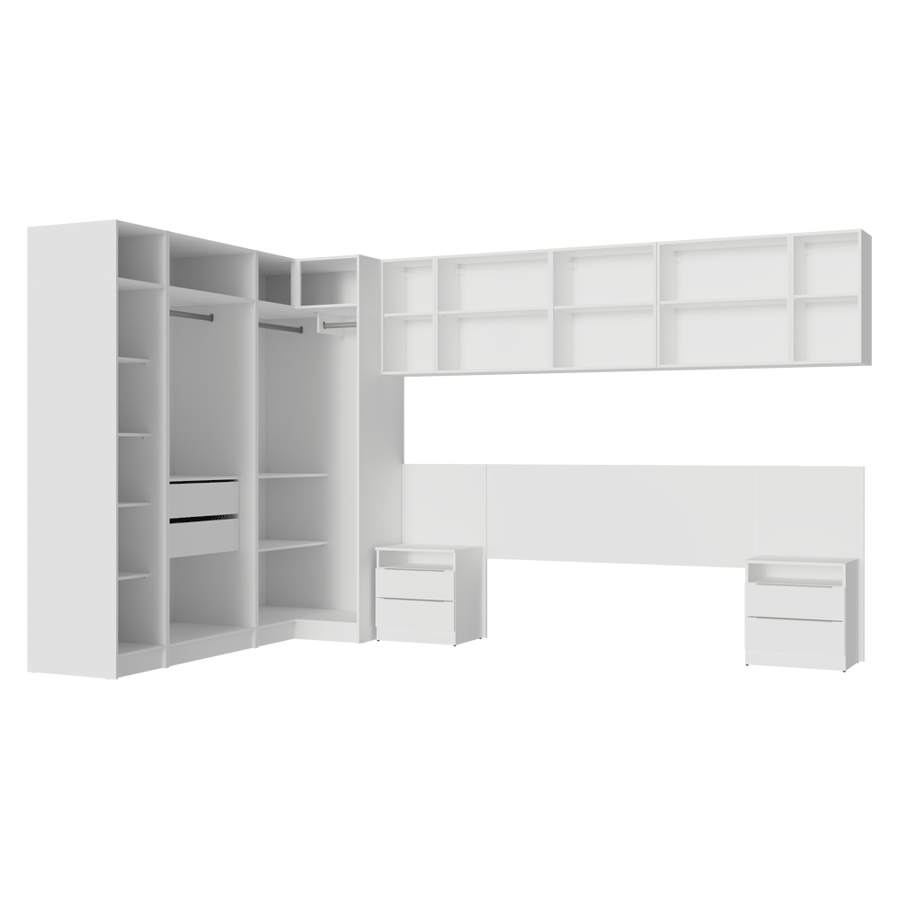 Dormitorio Completo Matrimonial de Esquina 580 cm Mesa de Luz Neo Blanco