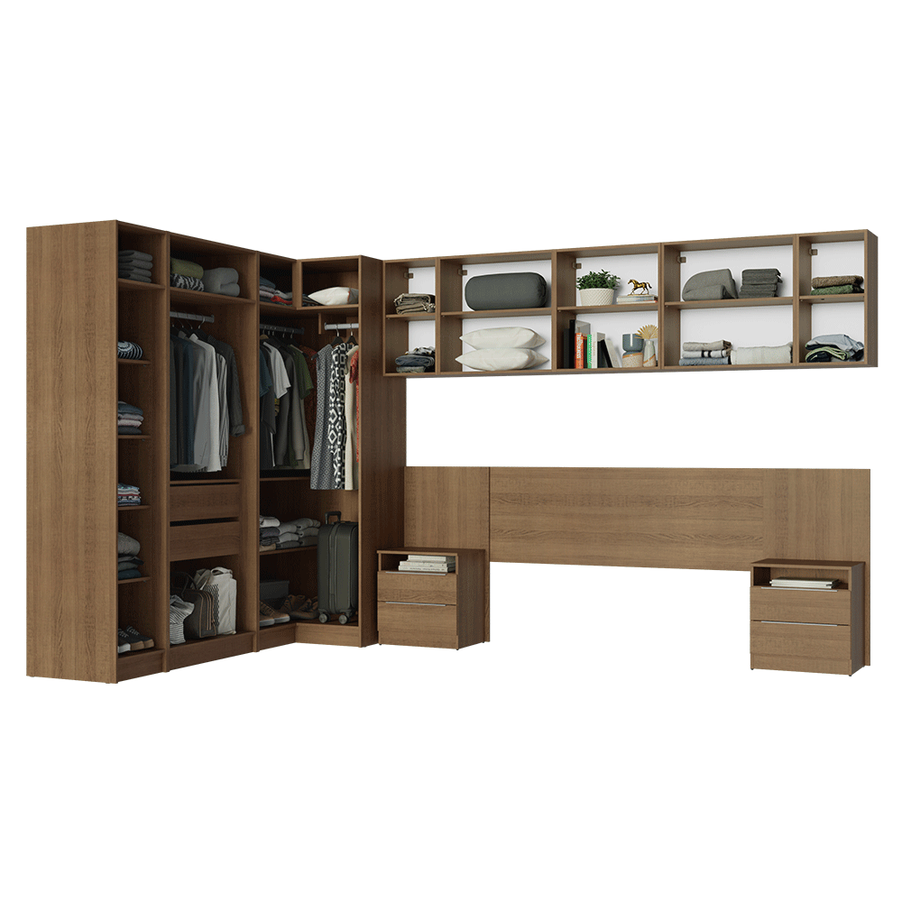 Dormitorio Completo Matrimonial Esquinero 580 cm con Respaldo de Cama Marrón/Crema Neo Madesa