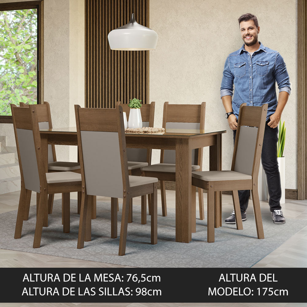 Conjunto Comedor Mesa Mesada de Vidro 6 Sillas Marrón/Crema/Bege Dora Madesa