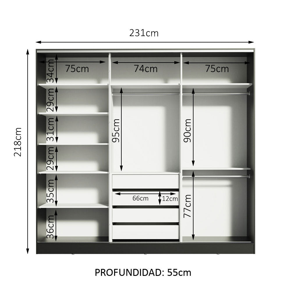 Placard Matrimonial 100% MDF Royale 3 Puertas Corredizas con Espejo Negro