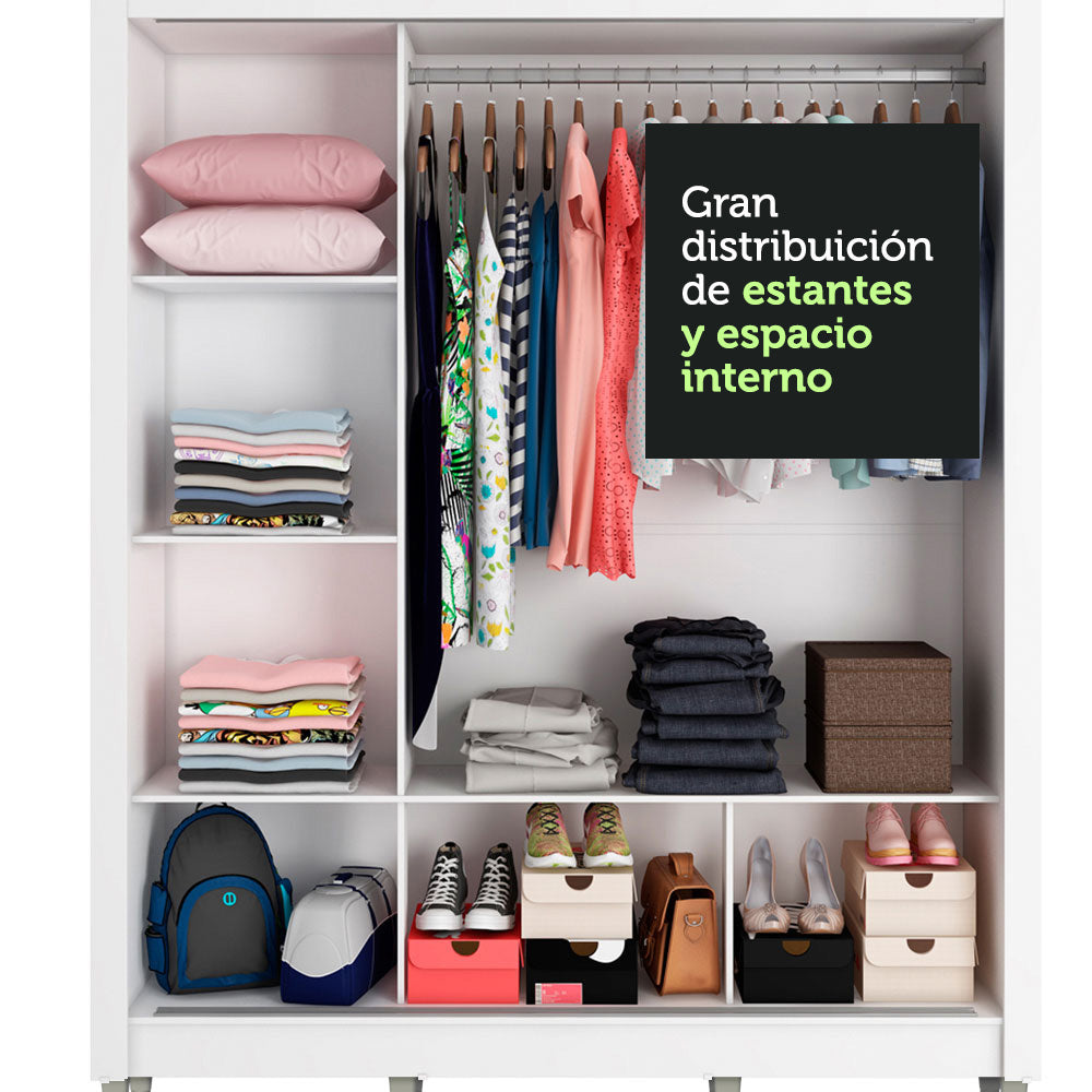 Placard Matrimonial Mónaco 3 Puertas Corredizas con Espejo con Patas Blanco