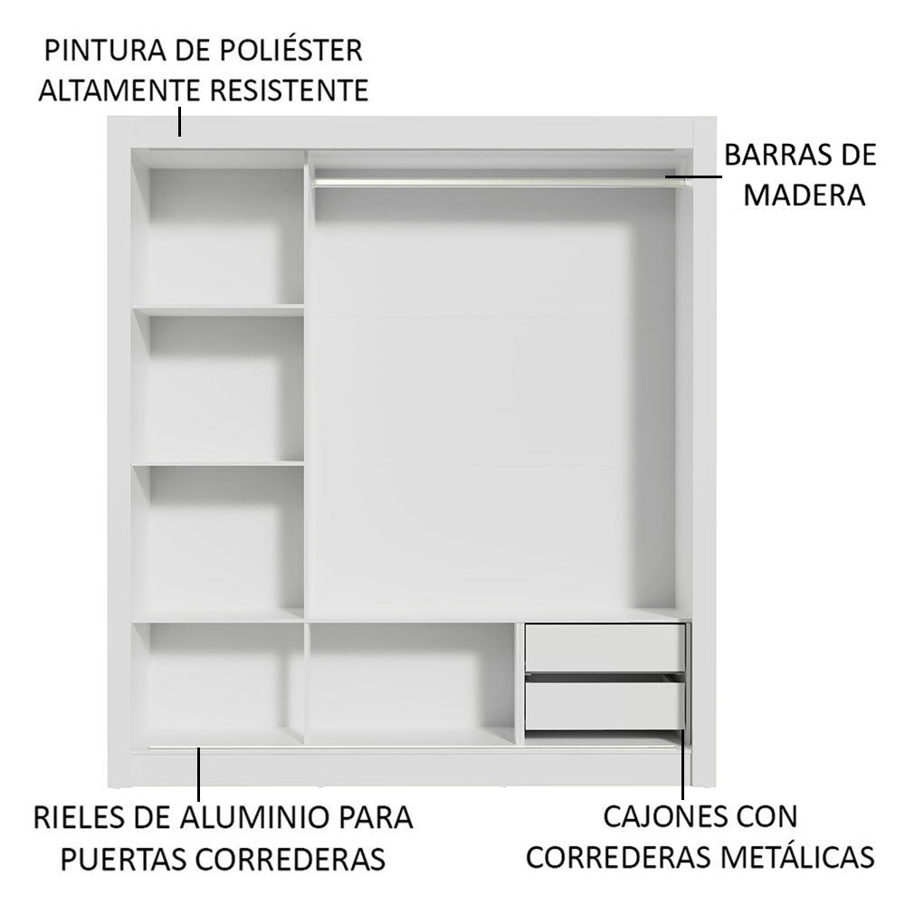 Placard Matrimonial Lyon 3 Puertas Corredizas con Espejo 2 Cajones Blanco