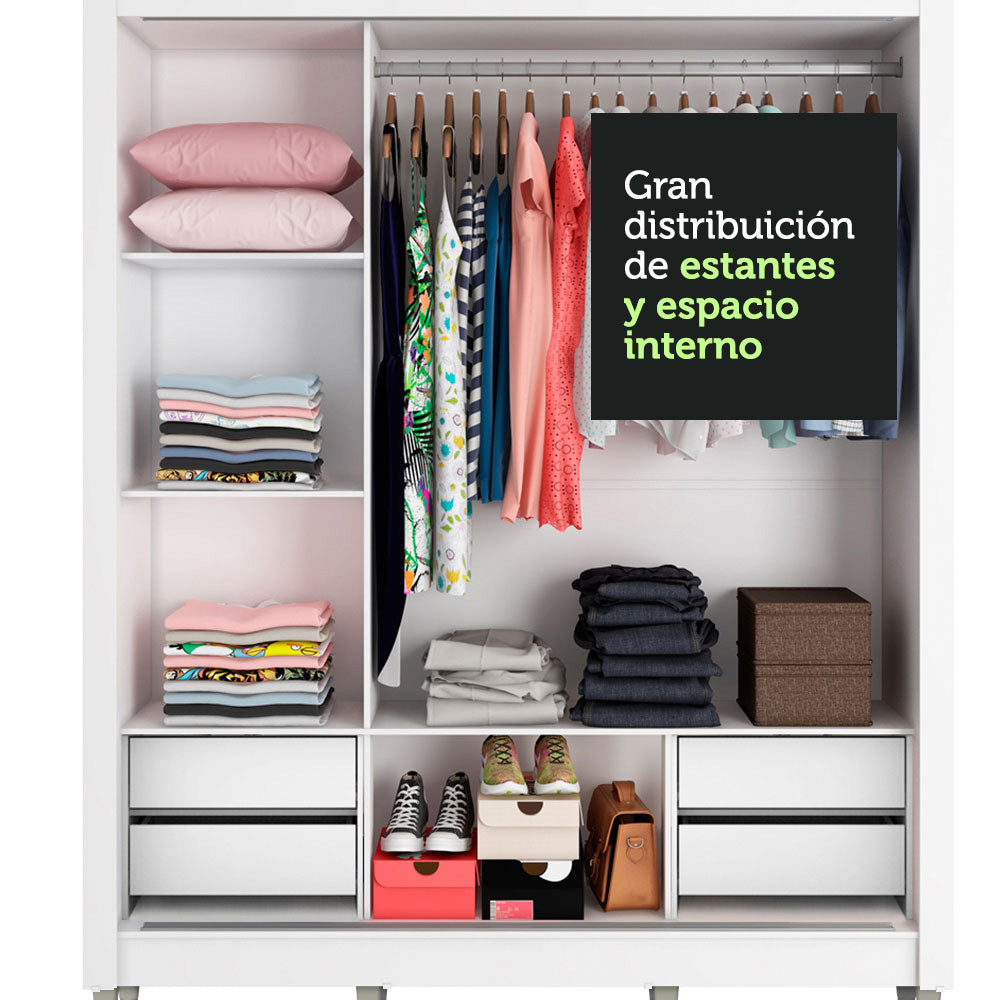 Placard Matrimonial Lyon Plus 3 Puertas Corredizas con Espejo 4 Cajones con Patas Blanco