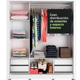 Placard Matrimonial Lyon Plus 3 Puertas Corredizas con Espejo 4 Cajones con Patas Blanco