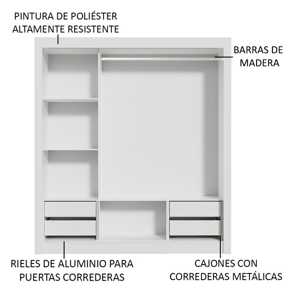 Placard Matrimonial Lyon Plus 3 Puertas Corredizas 4 Cajones Blanco