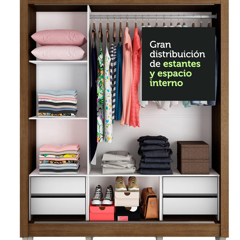 Placard Matrimonial Lyon Plus 3 Puertas Corredizas con Espejo 4 Cajones con Patas Marrón