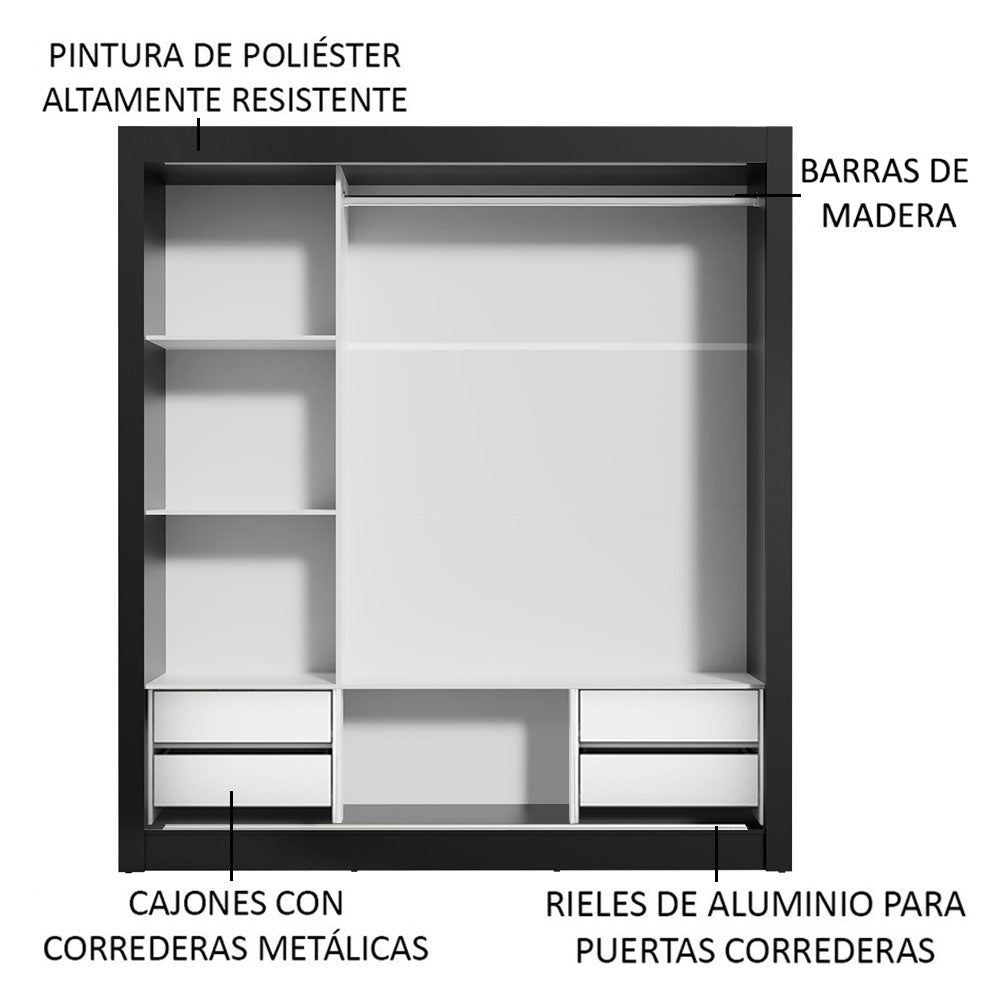 Placard Matrimonial Lyon Plus 3 Puertas Corredizas con Espejos 4 Cajones Negro/Blanco