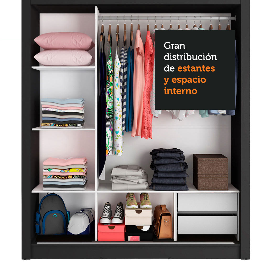 Placard Matrimonial Lyon 3 Puertas Corredizas con Espejo 2 Cajones Negro