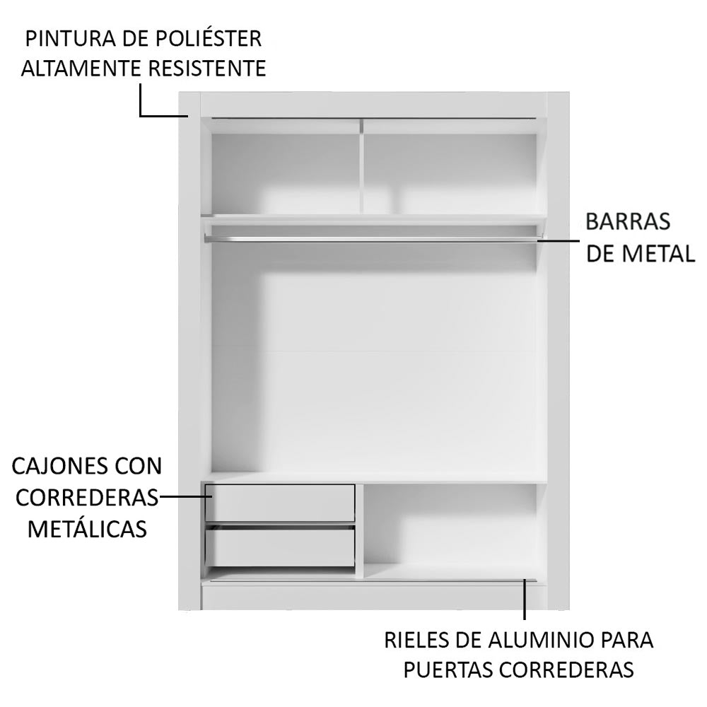 Placard Soltero Dallas 2 Puertas Corredizas con Espejo 2 Cajones Blanco