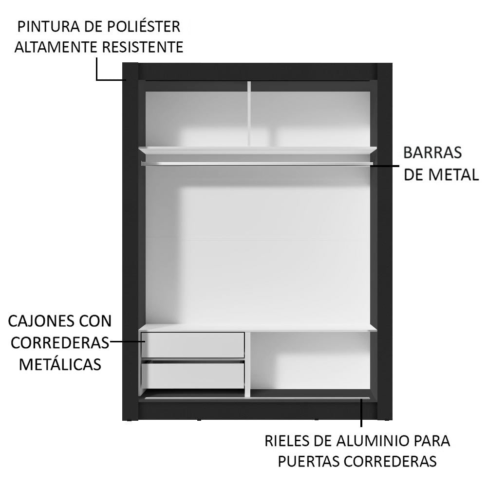 Placard Soltero Dallas 2 Puertas Corredizas con Espejo 2 Cajones Negro