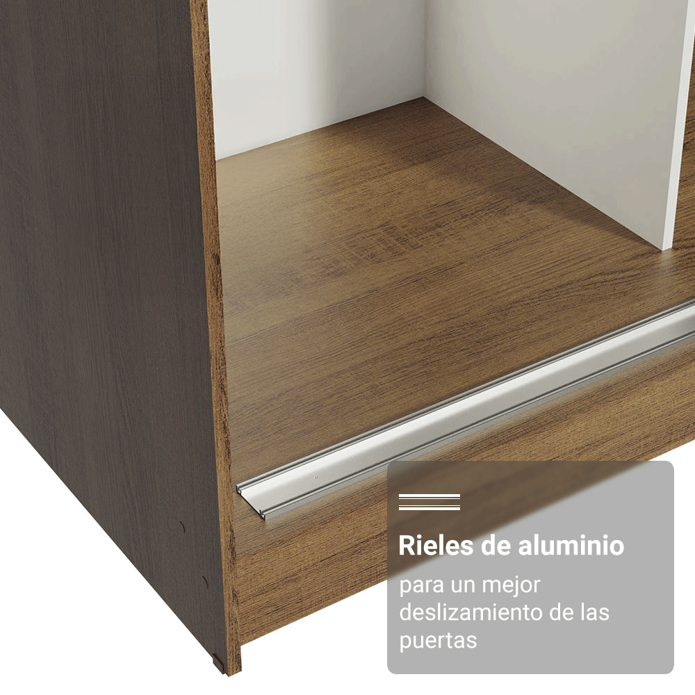 Armario matrimonial con patas, 3 puertas correderas con espejo, Marrón/Blanco Reno